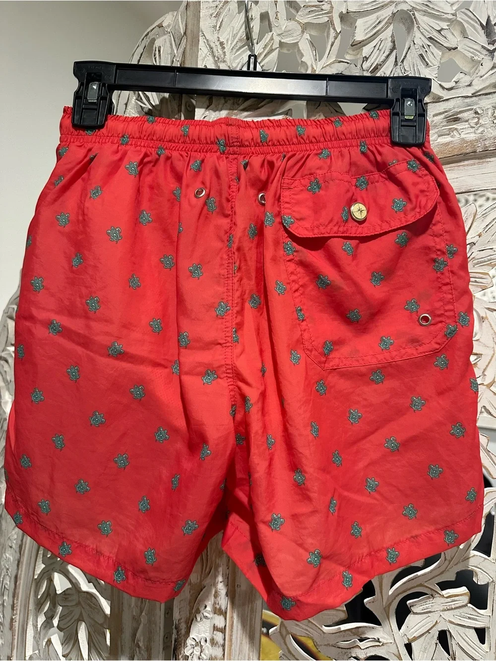 Spada Roma Men's Red Drawstring Swim Trunks with Turtle Motif